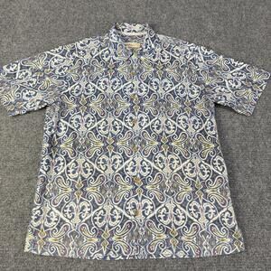 Tommy Bahama Shirt Mens Medium Blue Paisley 100% Silk Short Sleeve Button Front